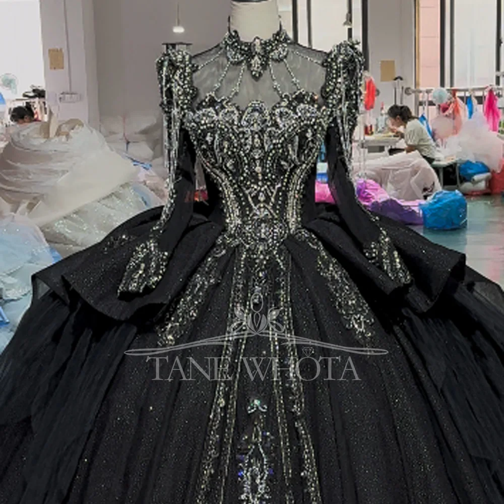 Turtle Black Customizable Long Sleeves Lace-Up Keyhole Back Evening Gown Crystal Beading Luxury Dress For Special Occasions
