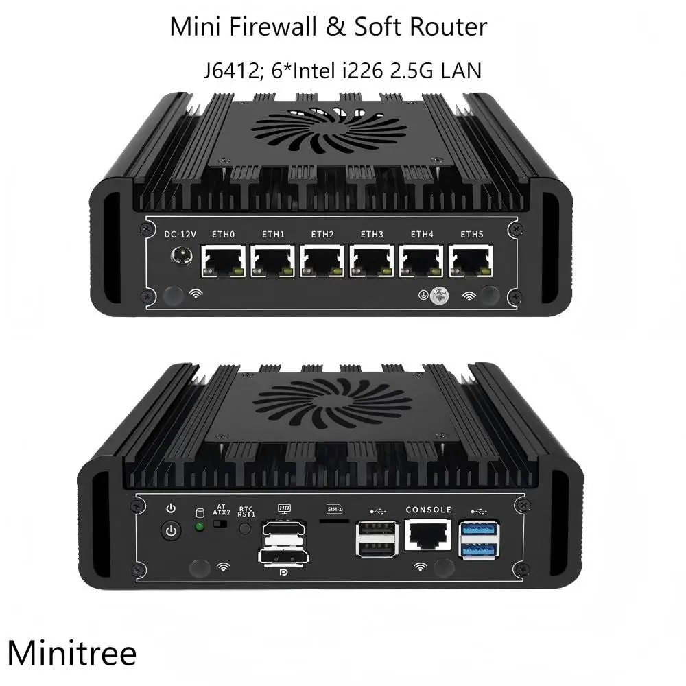 インテル Celeron J6412 ファンレスミニPC 6-I226 LANポート ファイアウォールアプライアンス ソフトルーター 16G 産業用組込みミニPC HD DP 4G SIM