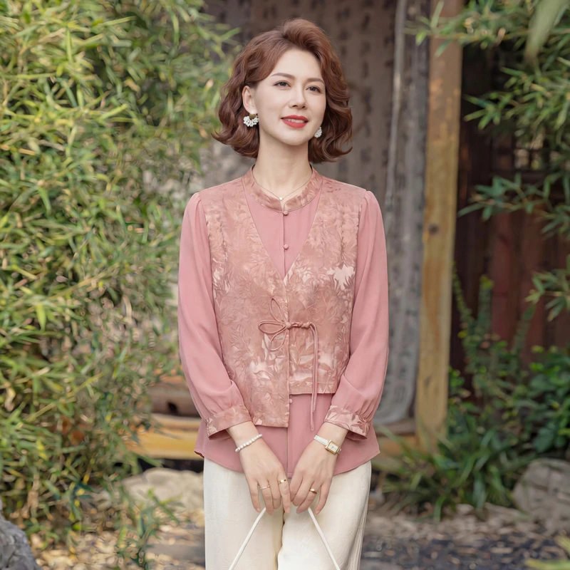 Spring Summer Loose Retro Top Buckle Stand Collar Chinese Cheongsam Style Shirt For Women false two-piece Casual Blouses