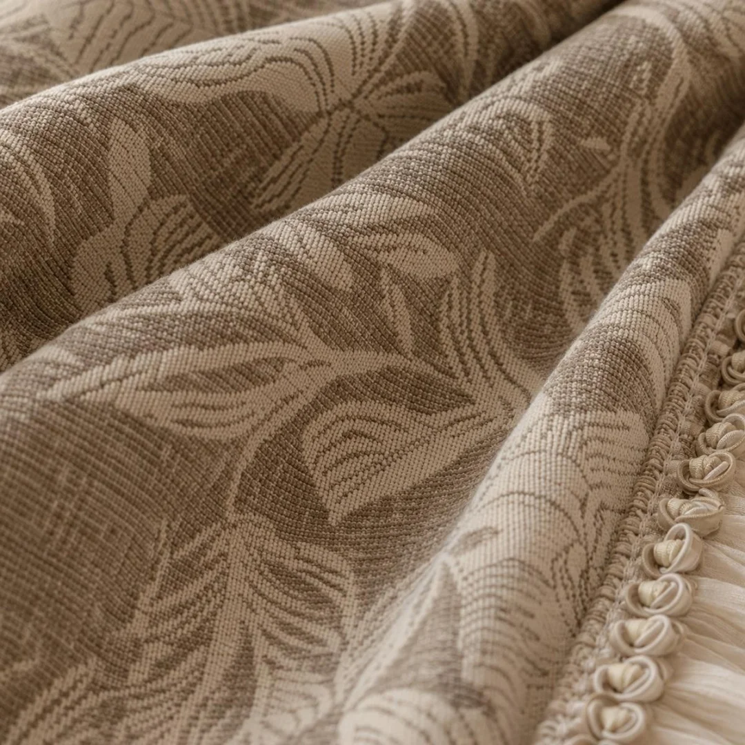 Rustic Gray Leaf Jacquard Curtains, Luxurious Window Valances with Tassel Trims, Elegant Patterned Curtains
