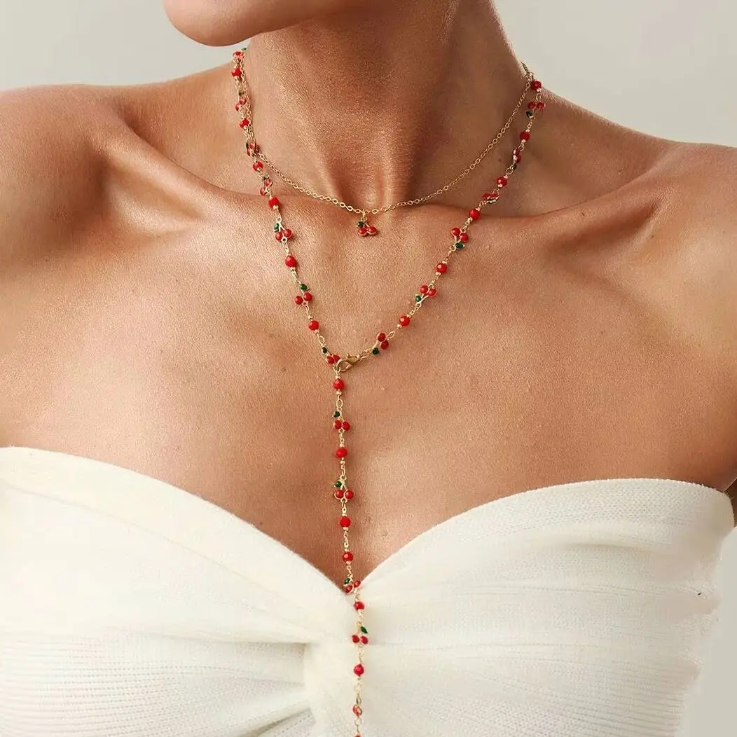 

SHIXIN 2 Pcs/Set Sweet Crystal Cherry Tassel Long Pendant Necklace for Women Korean Fashion Adjustable Chest Chain Sweater Chain