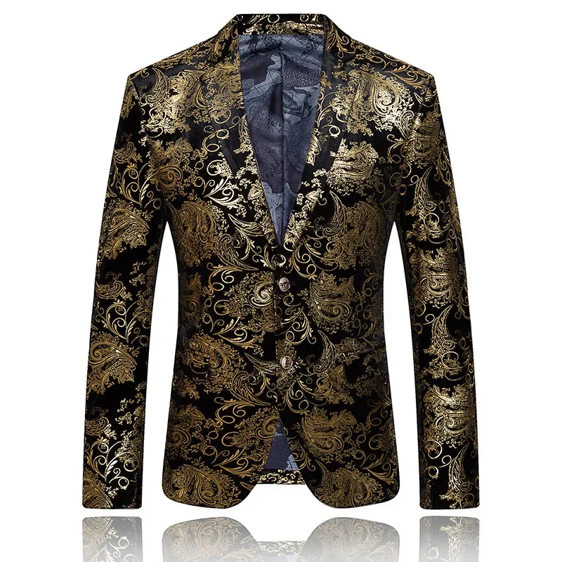 

Spring Fall Korean Style Men Fashion Designer Golden Floral Hot Stamping Blazer Coat , Man 5xl Host Party Prom Flower Blazers