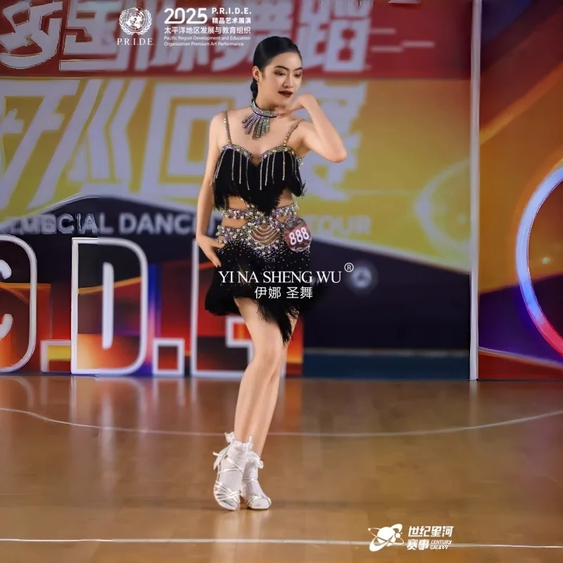Concorso di danza latina Abito da piscina nero di fascia alta con diamanti personalizzati con giunture di perle Samba Performance Abbigliamento da donna