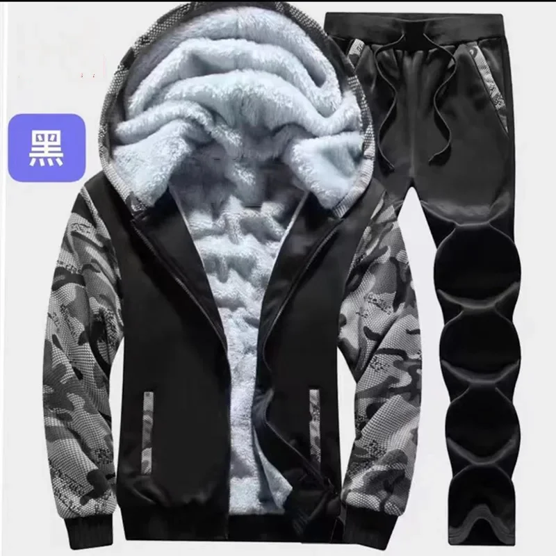 New Winter Thicken Fleece Tracksuit Men Two Piece Zipper Sports Sets Hooded Thermal Suit Casual Oversized Camouflage Tracksuits