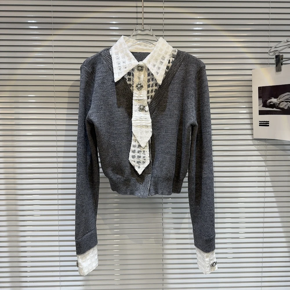 

Spring 2026 New Style Small Fragrance Wind Mesh Collar Splice Knitted Shirt French Style Slim Fit Long Sleeve Collar
