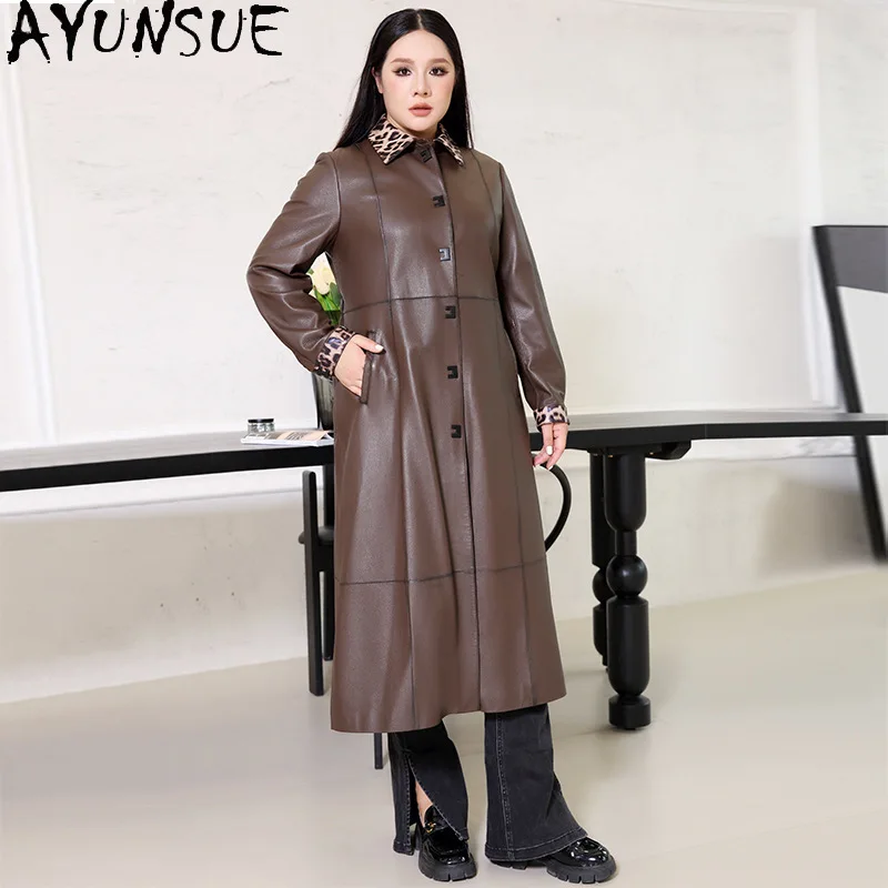 AYUNSUE 진짜 양피 정품 가죽 자켓 여성 X-롱 트렌치 코트 여성 자켓 가을 옷 2025 Jaqueta De Couro