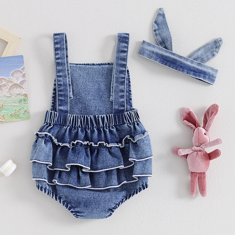 Infant Girls Bunny Carrot Embroidery Rompers Newborn Fly Sleeve Frills Bodysuit Headband Summer Easter Clothes