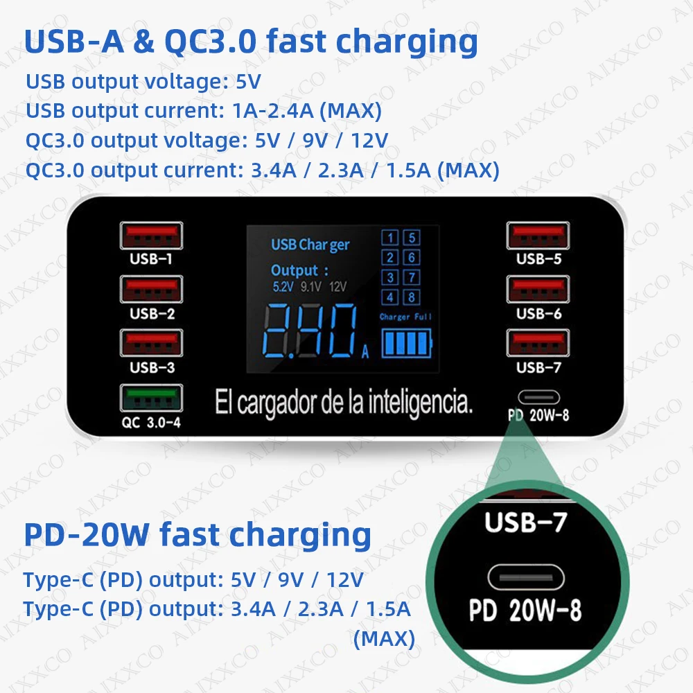 Imagem -02 - Estação de Carregador Usb para Telefone e Tablet Carga Rápida qc 3.0 pd Usb c Iphone Xiaomi Huawei Samsung 60w