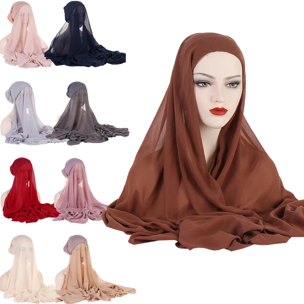 

One Piece Women Muslim Instant Chiffon Hijab with Cap Hijabs With Underscarf Bonnet Long Scarf Islam Headscarf Headwrap Turbante