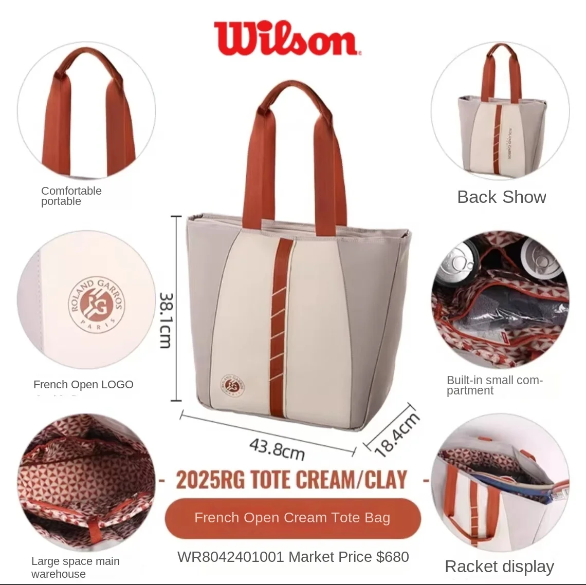 حقيبة ظهر ويلسون للتنس الفرنسية المفتوحة متعددة الوظائف ذات سعة كبيرة حقيبة ظهر رياضية للكتف الاحترافية للرجال والنساء
