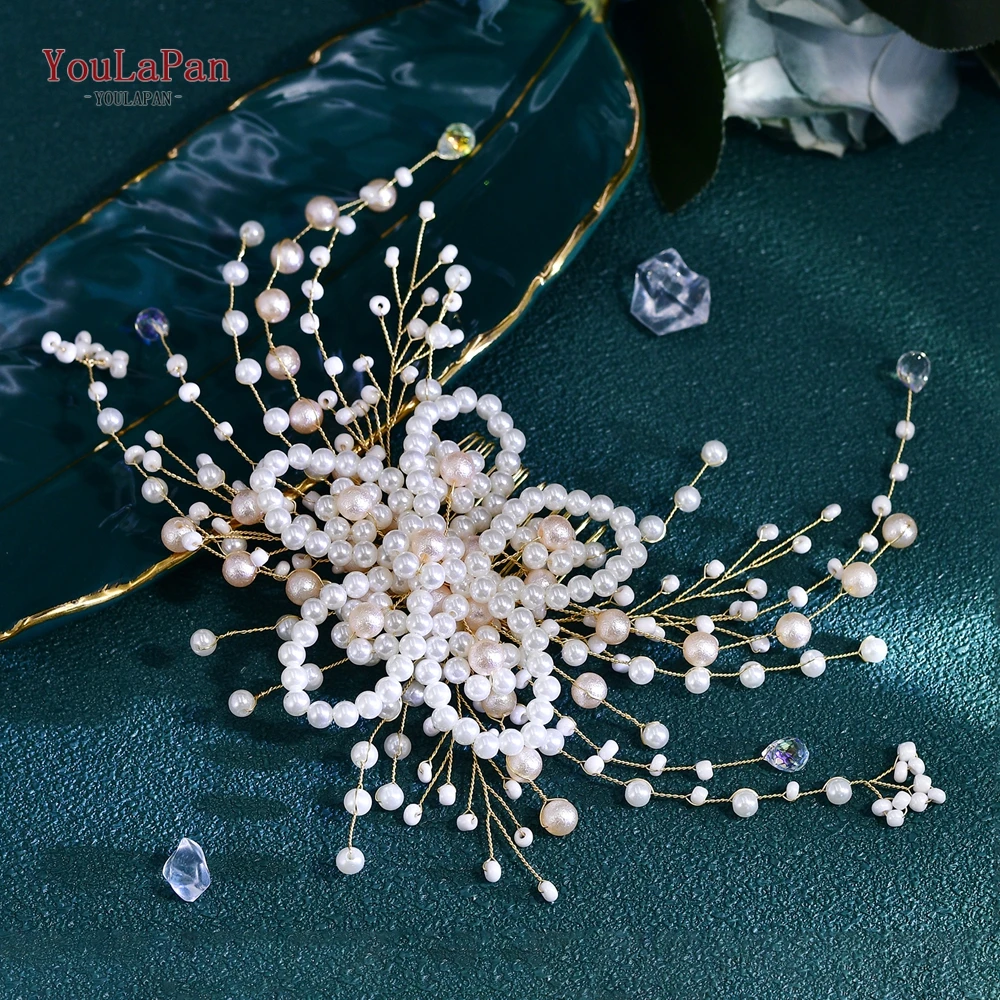 YouLaPan Pink Pearl Gold Color Hair Comb Trends Bridal Headwear Wedding Hair Jewelry Women Bride Party Hair Accessories HP723