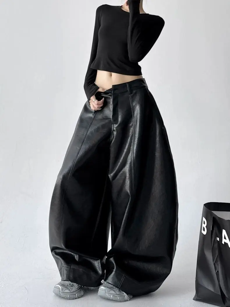 

Women's 2026 Autumn and Winter New Black Retro Heavy Industry High-waisted and Thin Versatile Casual Leather Pants