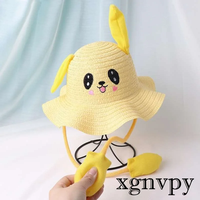 

XgnvpyRabbit Ear Sunshade Straw Hat Children Sun Hat Summer Sunscreen Ear Moving Bunny Hat Cosplay Party Holiday Hats 4-12 Years