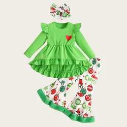 1-6Y Christmas Baby Girl Clothes Heart print Long Sleeve Tops Coloured ball print Plush selvedge Flared Pants with headband sets