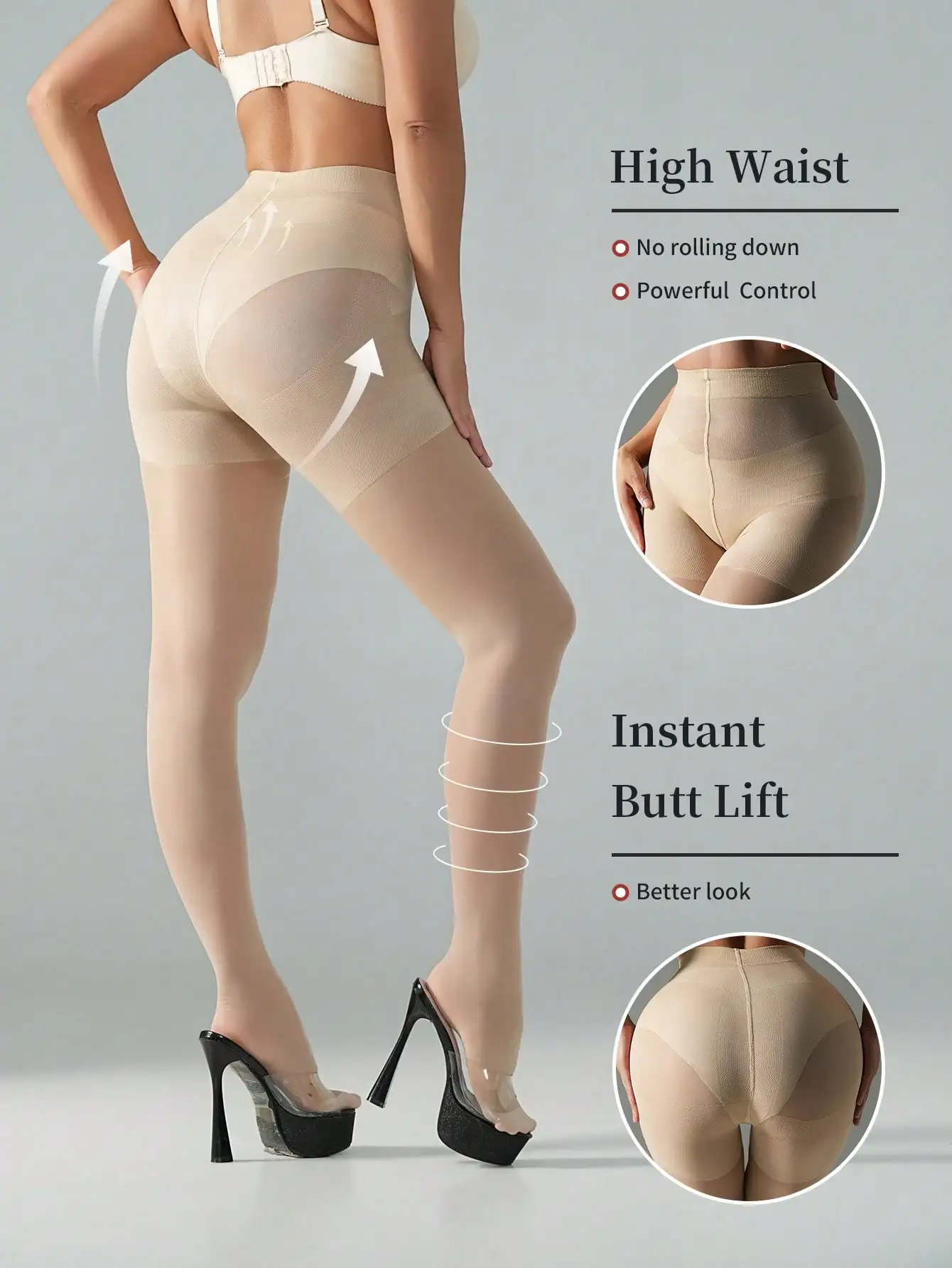 1Pc High Waist Compression Shaping Tights Butt Lift Control Top Sheer Skin Tone Pantyhose