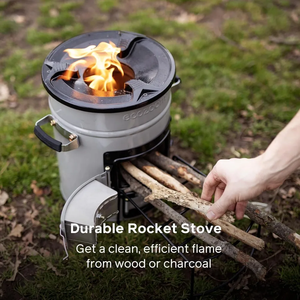 

Portable Rocket Stove - Dual Fuel Wood & Charcoal Camping Stove, Insulated Body, Cast-Iron Compatible