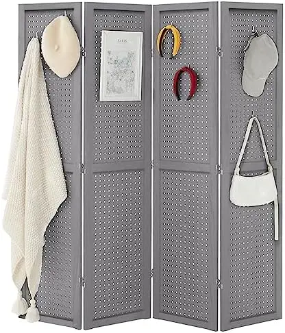 

4 Panel Pegboard Display 5 Ft Folding Privacy Screen Wood Room Divider Portable Freestanding Display Board Wall Organizer for Cr