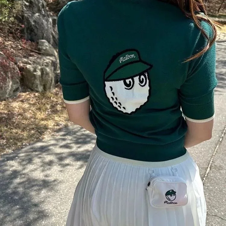 malbon Women's Golf Knit Polo Shirt 2026 Korean Fashion Short Sleeve Collared Top Casual Sportswear Ladies Golf Clothing