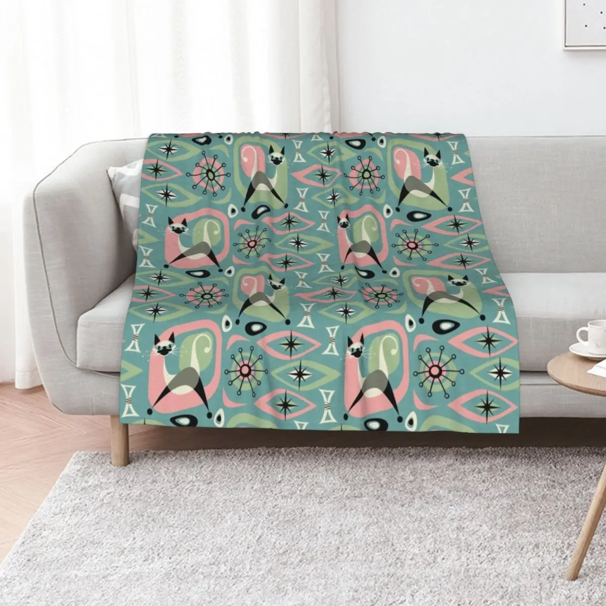 Mid Century Siamese Cat Abstract on Blue Throw Blanket for winter Heavy Beach Weighted Large Blankets
