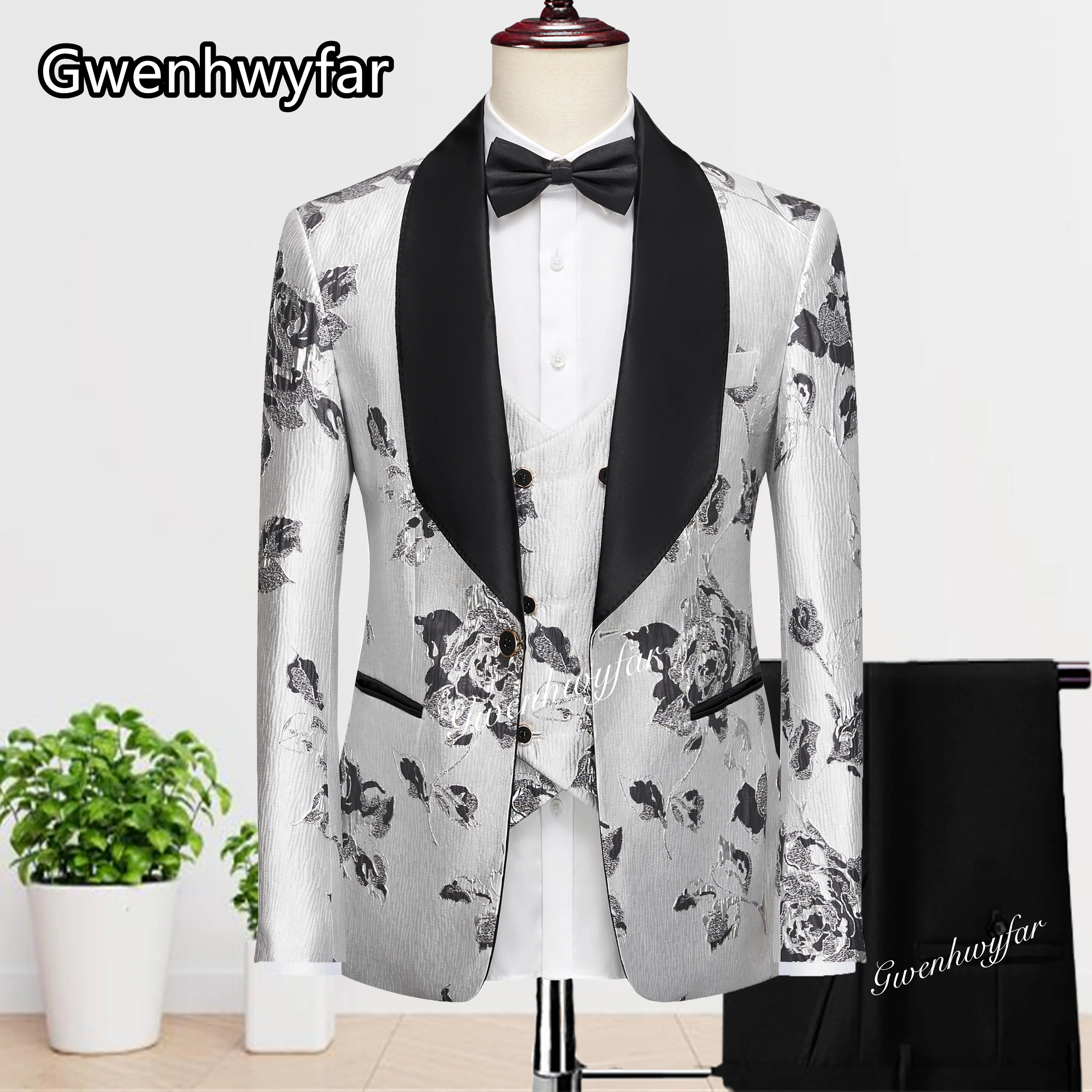 

Gwenhwyfar, новое поступление, элегантный джентльменский тонкий костюм с черными цветами на белом фоне, ужин, вечеринка, смокинг жениха