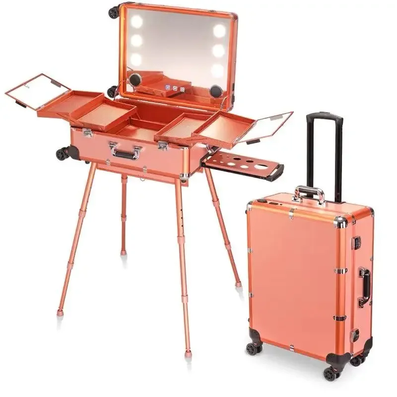 NEW Professional Rolling Cosmetic Case Beauty Makeup Trolley suitcase LED Light Mirror Luggage Aluminum frame Folding table