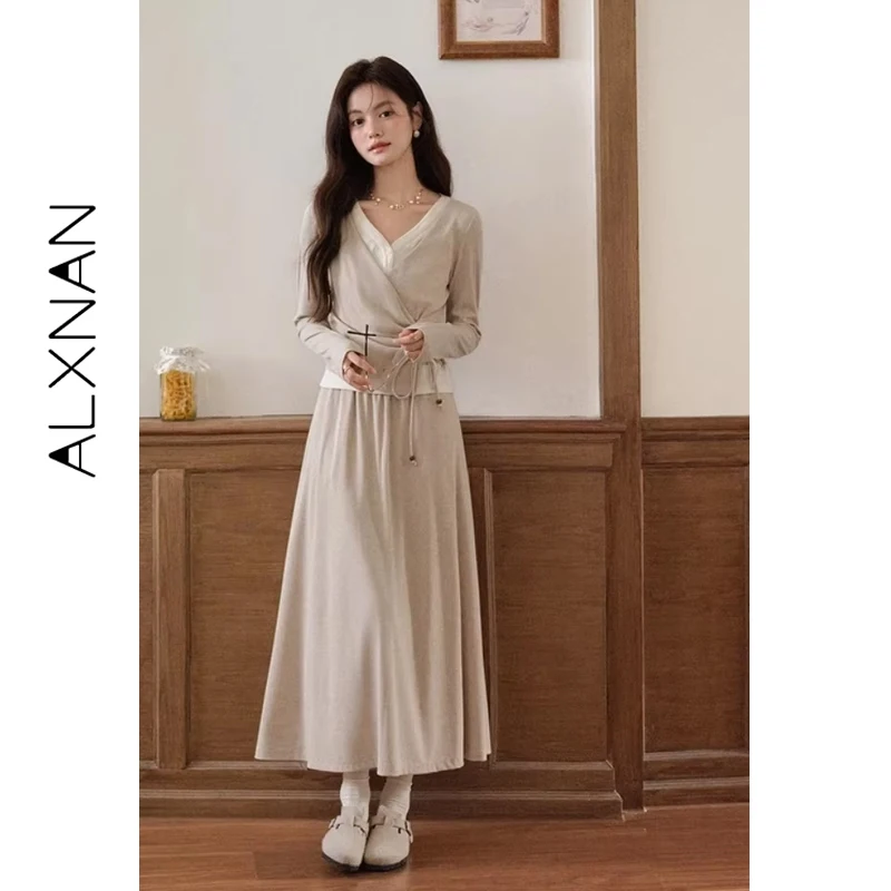 ALXNAN Casual Röcke Hohe Taille Vielseitig Gestrickte Stretch Mid-länge Rock Neue Herbst Entspannt Weiche frauen Kleidung L569115-1