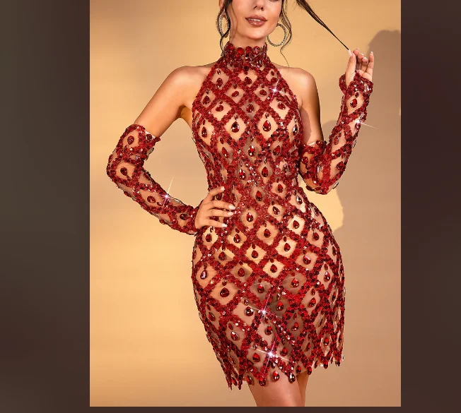 Transparentes Neckholder-Mesh-Kleid von Callie mit Diamant-Pailletten