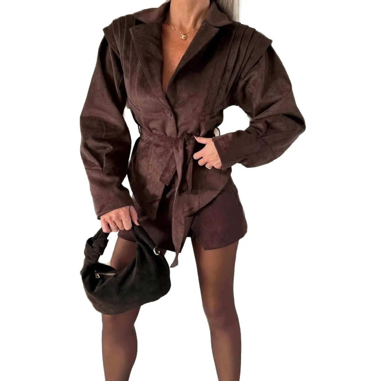 2025 Autumn and Winter Women's New Suit Collar Imitation Leather Velvet Strap Jacket Top