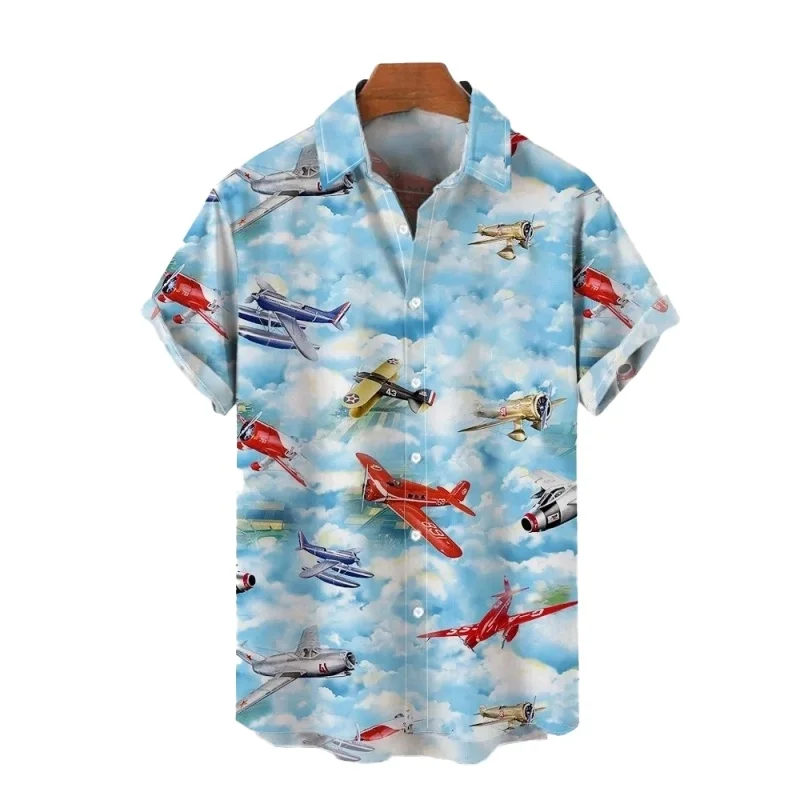 Hawaiian shirt: airplane print short sleeved quick drying beach casual party holiday shirt