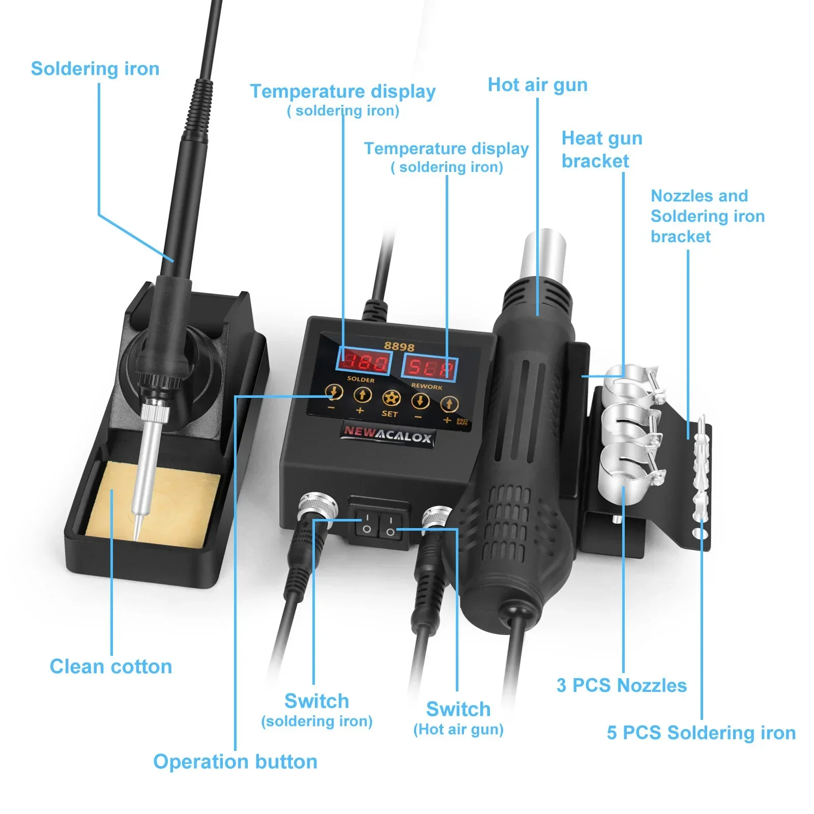 2 in 1 Soldering Station Digital Display Hot Air Gun Welding Rework For Cell-Phone BGA SMD PCB IC Repair Solder Iron Tools 8898