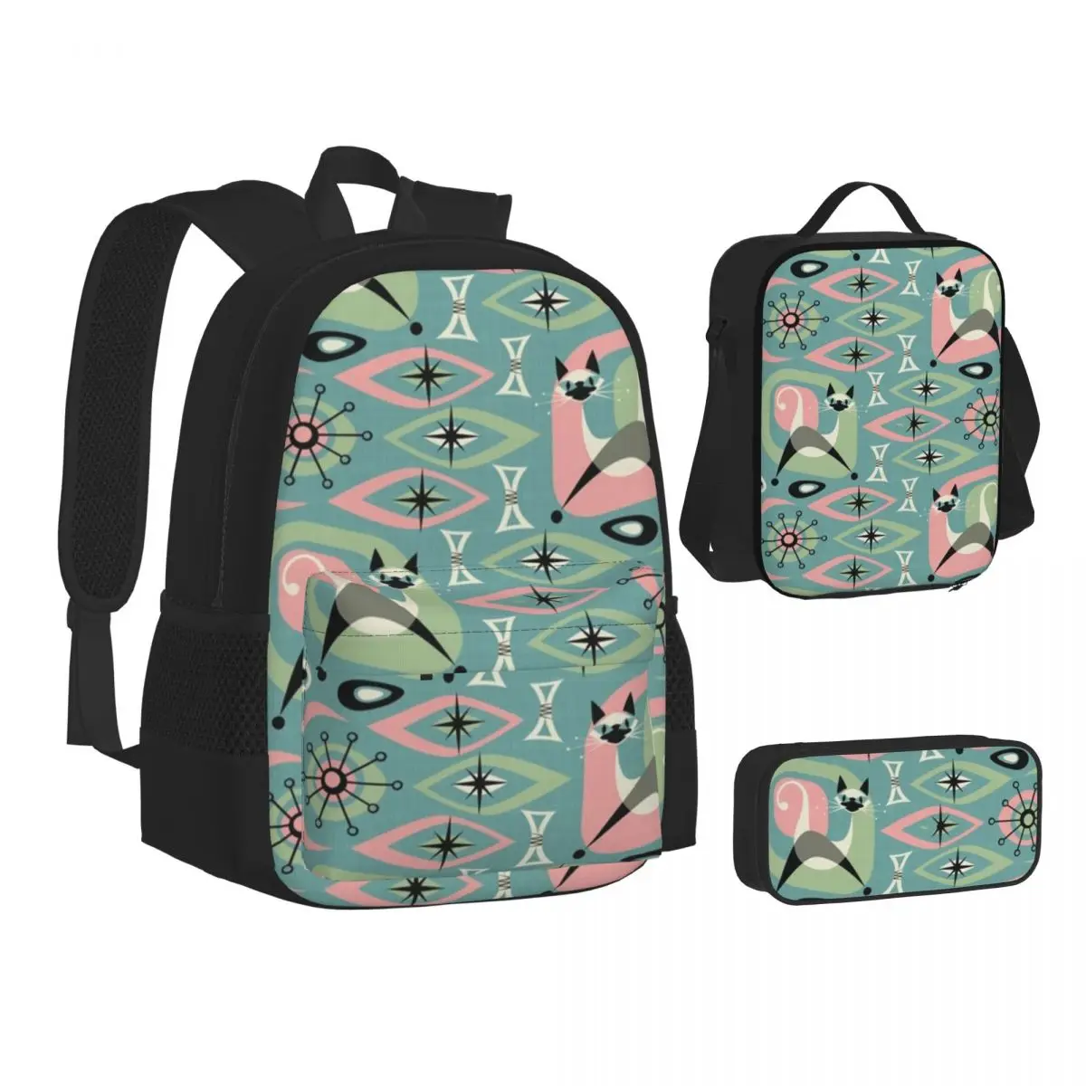 

Mid Century Siamese Cat Abstract On Blue Backpacks Children School Bags Kids Rucksack Lunch Bag Pen Bag Three-Piece Set