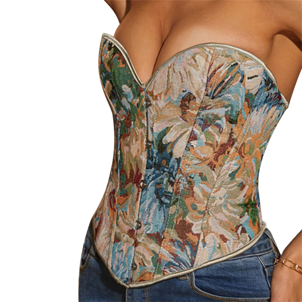 Becirzet Vintage Korsett Taillenformer Shapewear Mehrfarbige Blumen Bustier Top Schnürung Schlankmachende Damenbekleidung – Detail 16