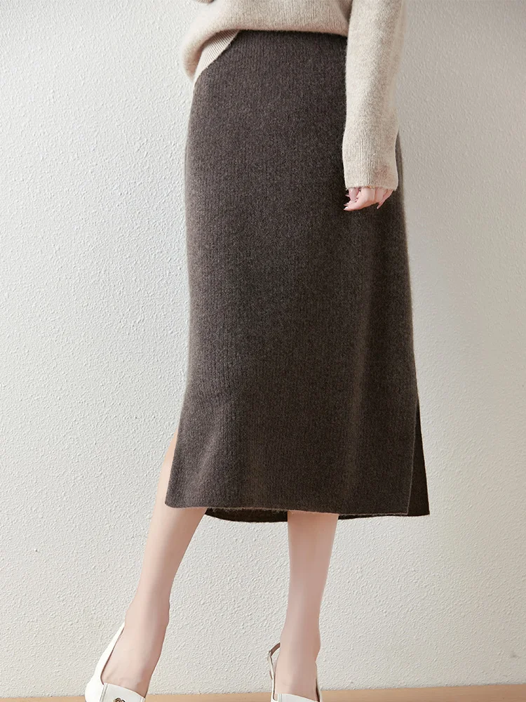 Autumn Winter Elegant 100% Merino Wool Knitted Skirt Women's Slim A-line Vent Skirt High Waisted Versatile Office Lady Dress