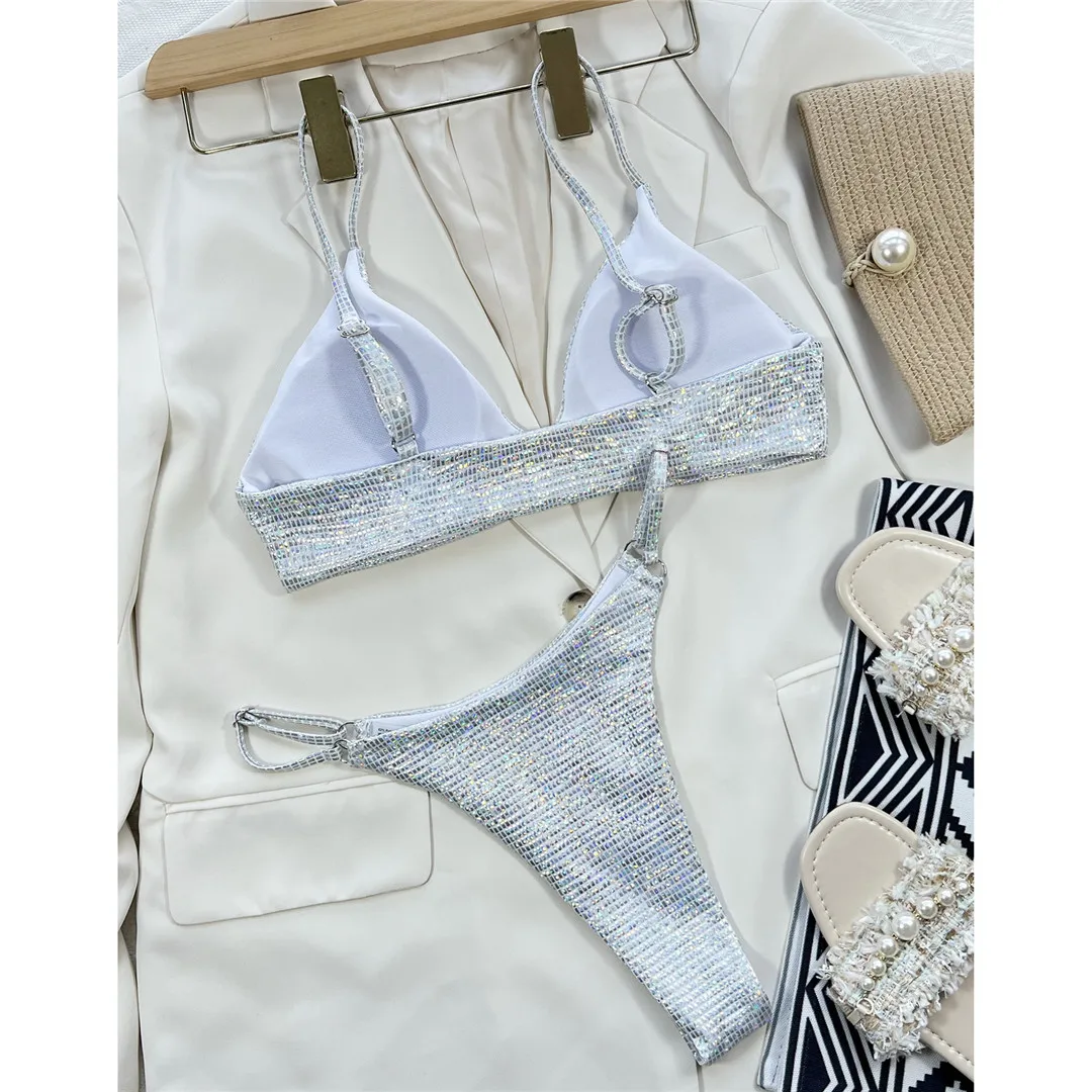 Silberne Pailletten, hoch geschnittene Bikinihose, zweiteiliger Damen-Bikini, Badeanzug, gepolsterter Badeanzug, Badebekleidung, Modell V3717. – Detail 9