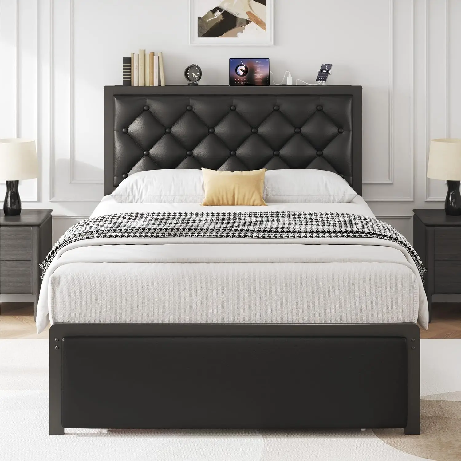 Twin Bed Frame Upholstered Headboard Storage Drawer Charging Station Metal Structure Noise Free No Box Spring Black, Customized