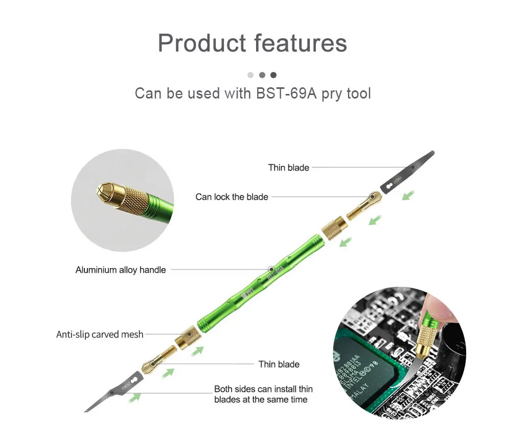 BST-69A + 4ใน1ชิป IC บางมีดใบมีด CPU โลหะ Pry Remover เมนบอร์ดมือชุดเครื่องมือสำหรับโทรศัพท์คอมพิวเตอร์ซ่อมเครื่องมือ