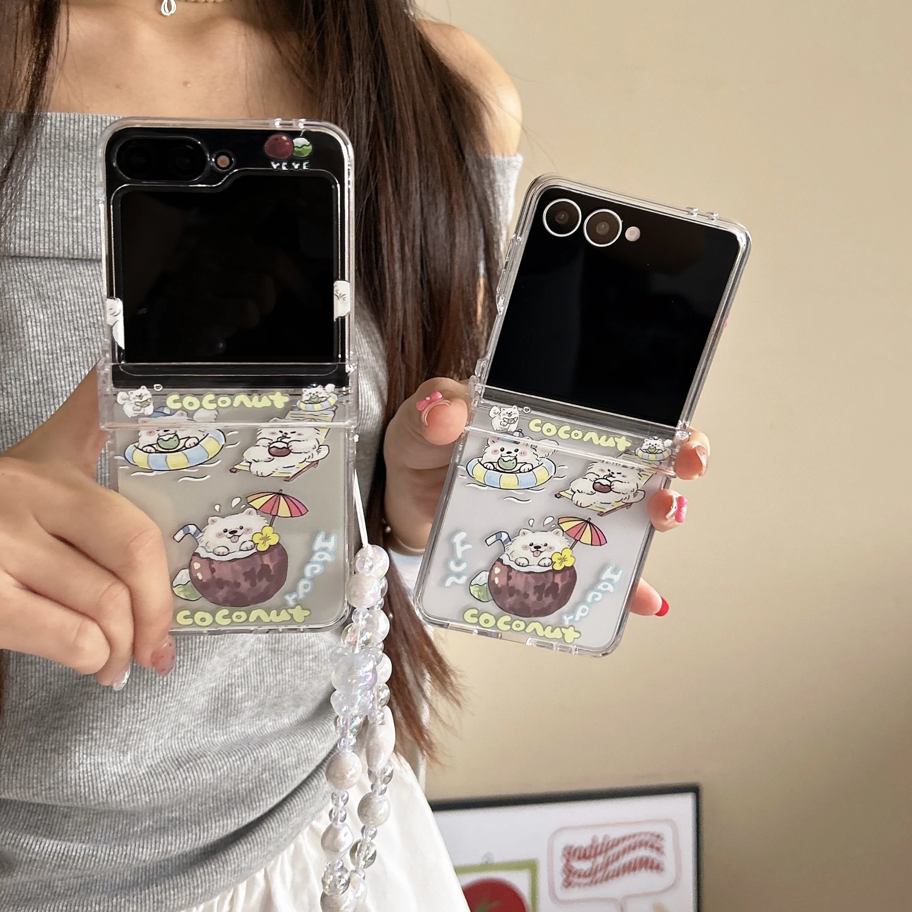 

Back Cover For Samsung Galaxy Z Flip 7 6 5 4 Case Coconut Puppy Dog with Bracelet Chain Hard PC Shockproof Phone Case