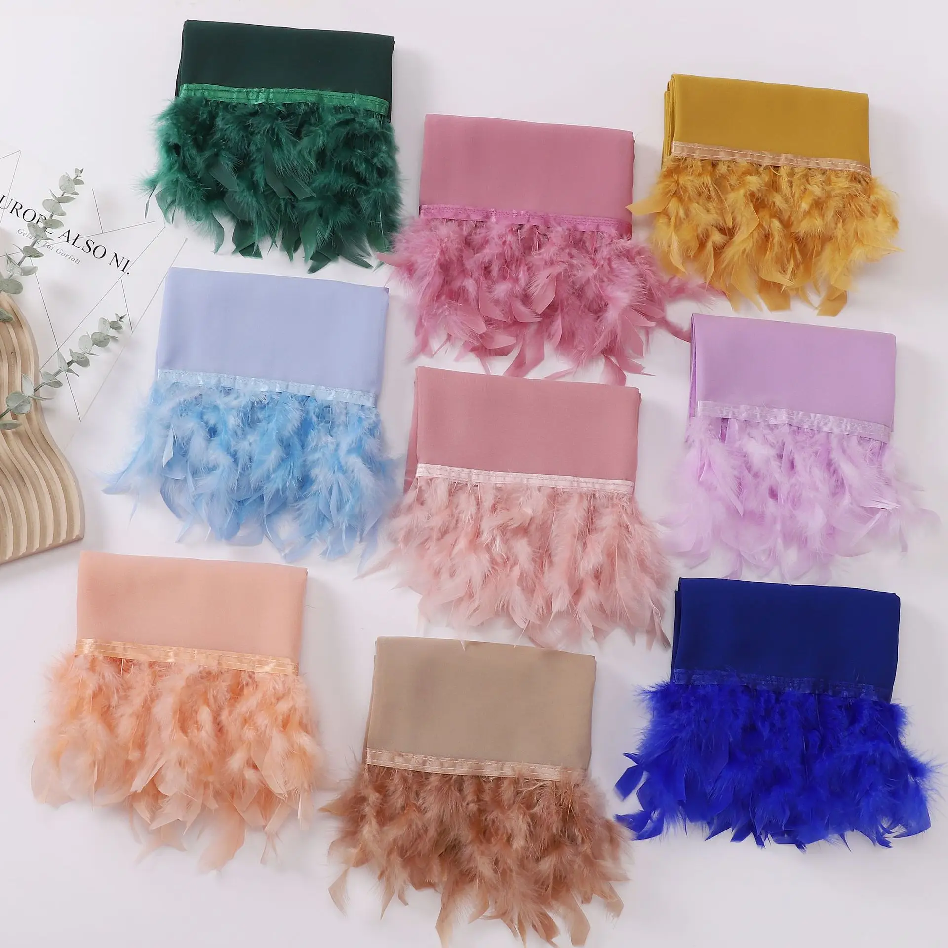 New Plain Chiffon Hijab Women Scarves Ostrich Hair Tassel Handmade Feather Shawl Headwear Wrap Headscarf Scarf Foulard Scarf