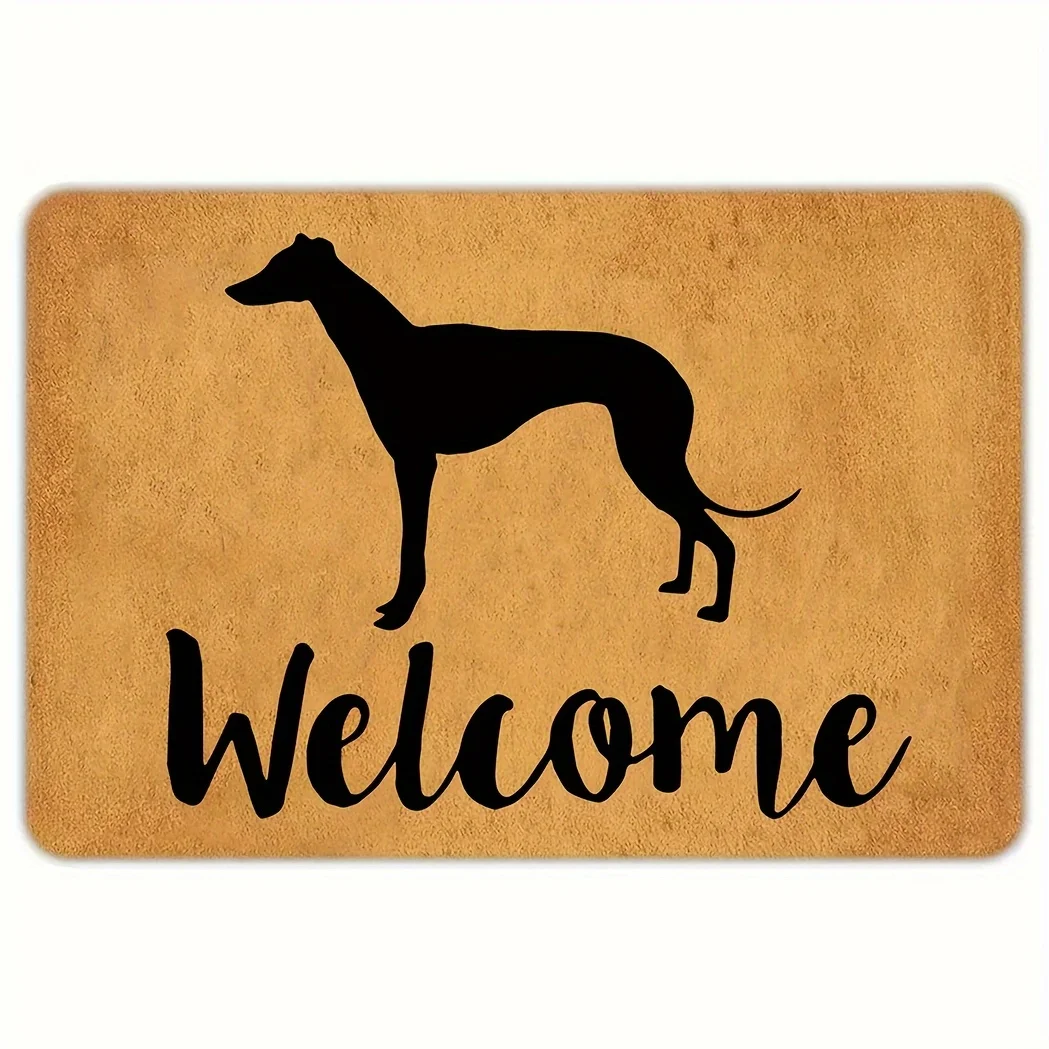 Greyhound Welcome Door Mat, Non-woven Polyester Fabric, Non-slip Rubber Backing, Hand Washable, Indoor/Outdoor Rectangular Mat