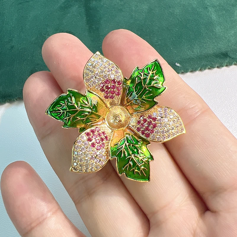 Elegant Colorful Bauhinia Flower Brooches For Women Luxury Pearl Rhinestone Enamel Green Leaves Corsage Accessories Wedding Pin