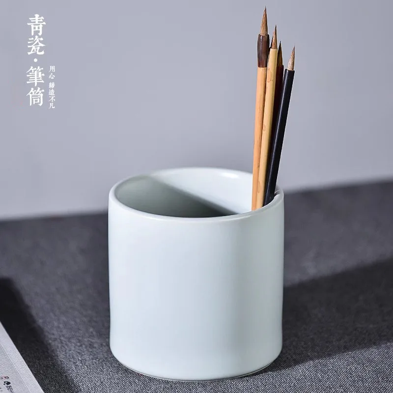 Creative Large Capacity Ceramic Brush Holder - Round Chinese Calligraphy Pen Organizer for Desk Decor