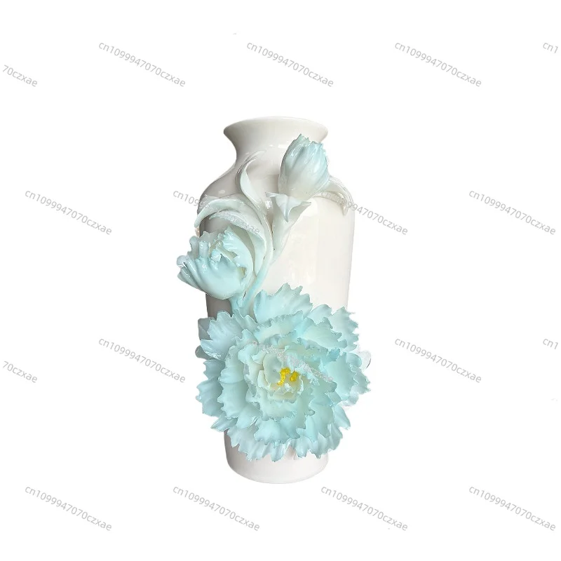 Advanced Sense Intangible Cultural Heritage Hand-squeezed Flower Ice Sea Blue Peony Flower Ceramics