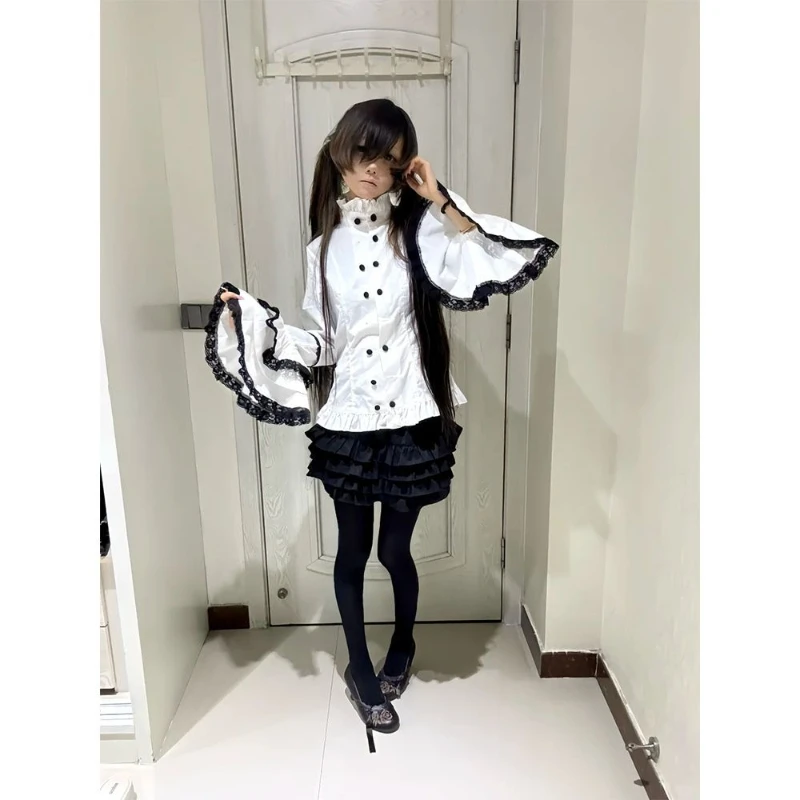 Y2k Vintage Long Sleeve Court Lolita Top + Mini Solid Skirt Two-Piece Set Double Breasted Patchwork Bodycon Outfit Women 2026