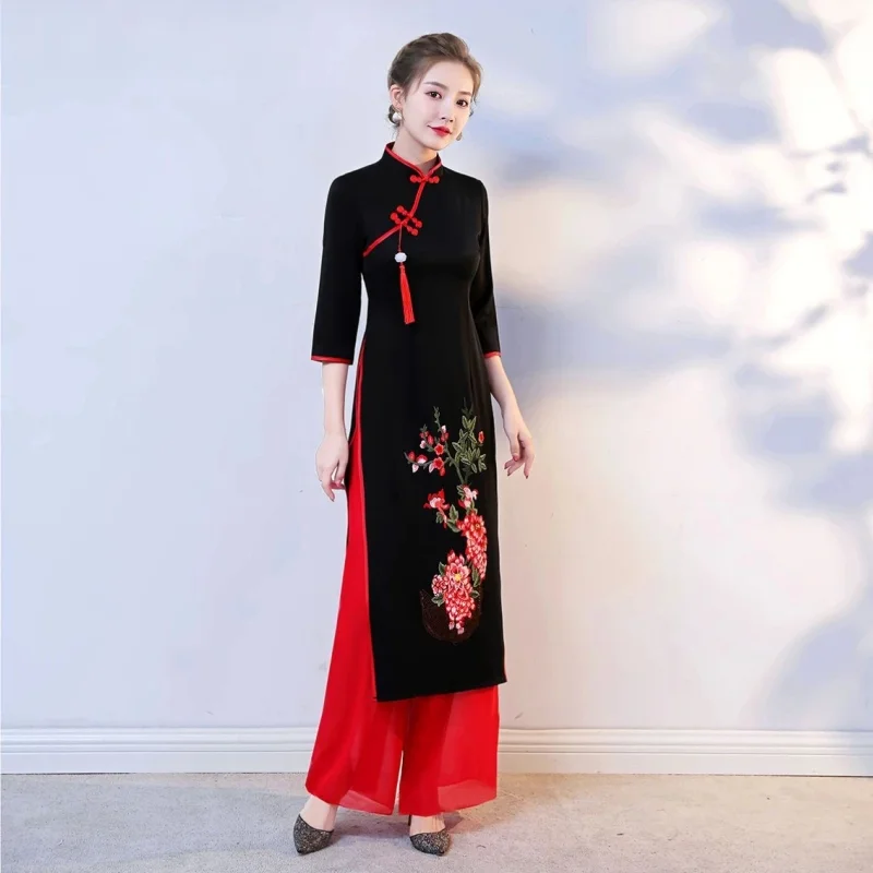 2026 Vietnam Ao Dai Cheongsam Traditional Oriental Dress Set Improved Vietnam Aodai Qipao Wide Leg Pants Two Piece Suit