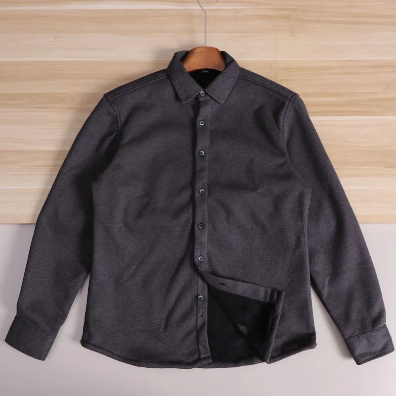 暖かい裏地付きの長袖カジュアルシャツ、男性用通勤用、折り返し襟、秋冬、ファッショナブルなポリエステル...