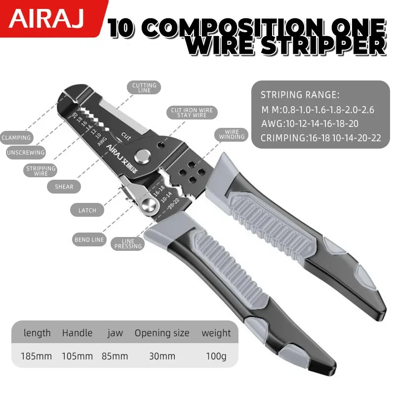 AIRAJ Wire Stripper Tools 10 In 1 Multitool Plier Crimper Cable Cutter Multifunctional Stripping Tool Crimping Pliers Terminal