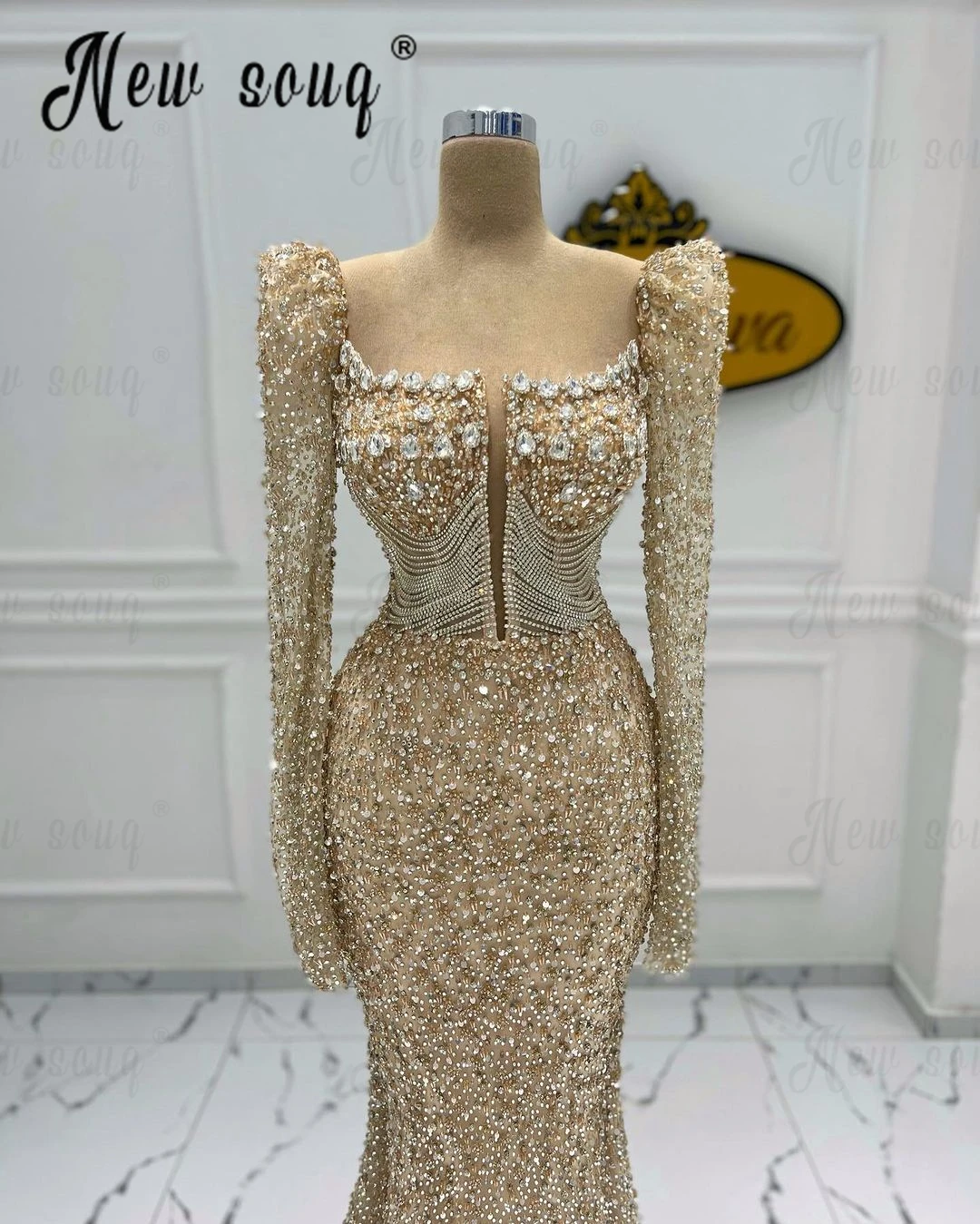 Long Light Champagne Beaded Evening Dress Sparkly Prom Party Gowns Women Luxury Elegant فساتين سهرة فخمه  Vestido Festa2024