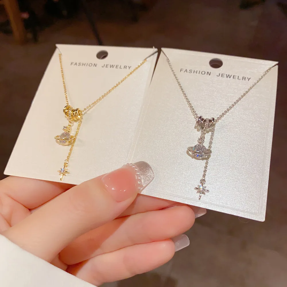 Sparkling Planet Star Drop Necklace Floating Crystal Ring Pendant Chain Jewelry Modern Women Evening Party Accessories