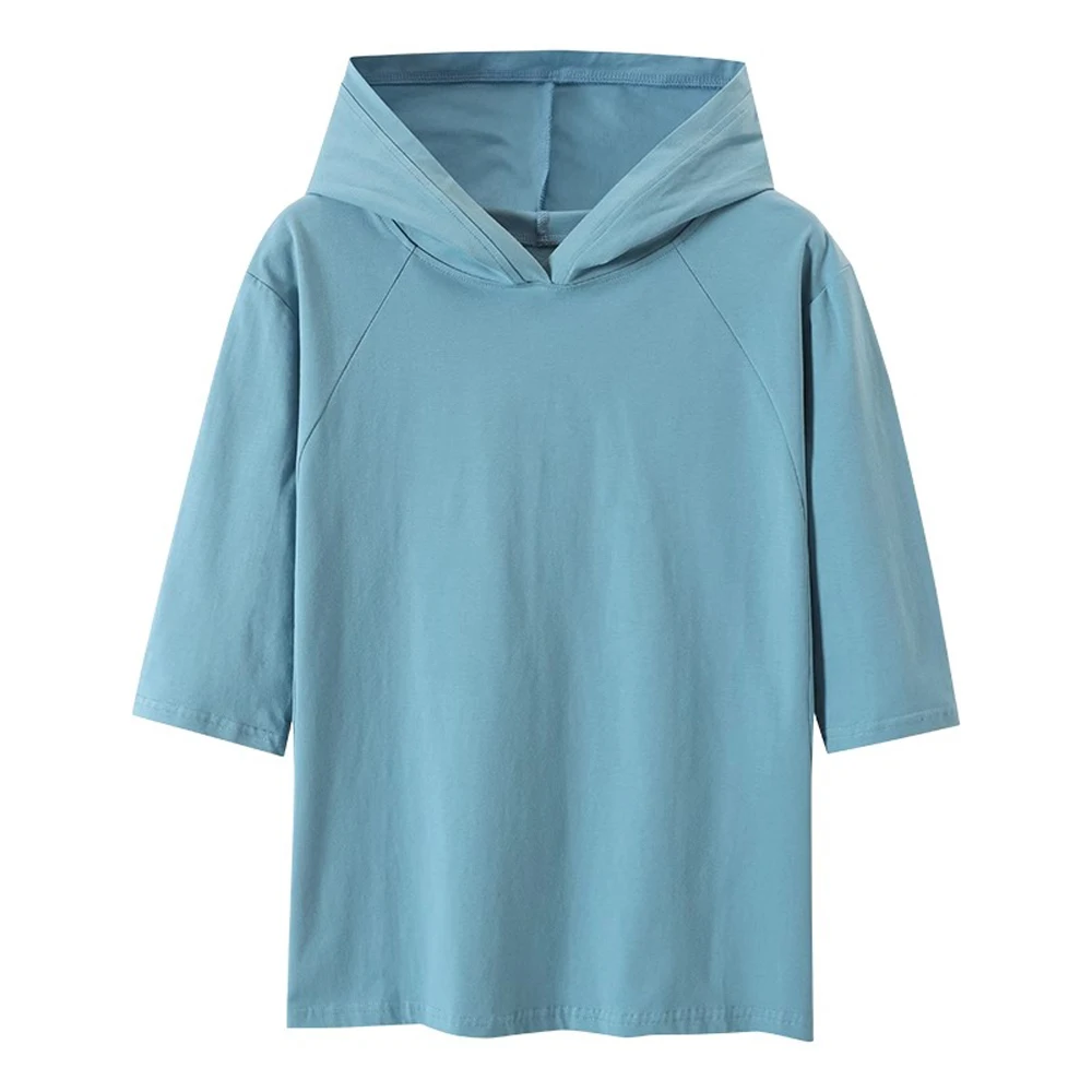 Blue hooded mid sleeved T-shirt for women's spring and autumn new style pure cotton high-end fashion plus size casual top