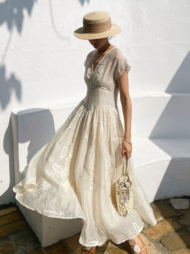 High Waist V-Neck Embroidered Long Dress French Fashion Embroidery Vacation Dress Fairy Style 2024 Summer Mew in Woman Clothing